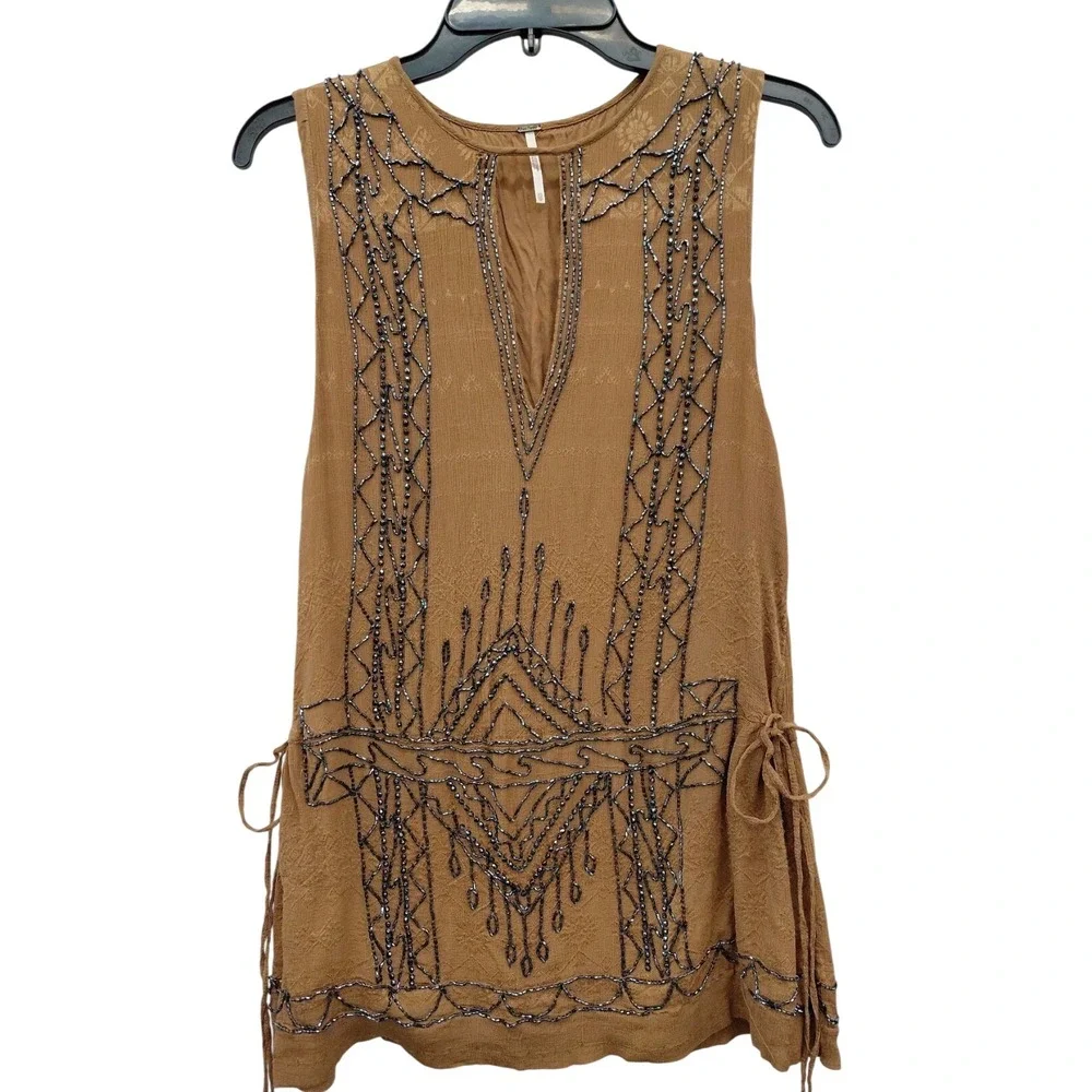 Free People Love Story Mini Dress Tan Beaded Geometric Sleeveless XS OB478319